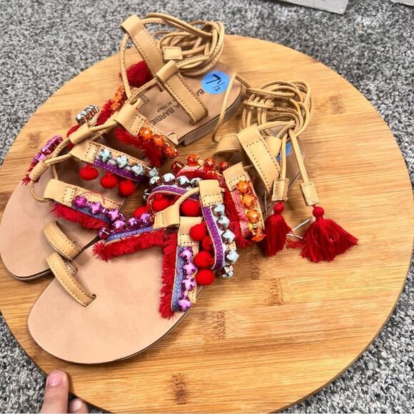 Sz 7.5 Barbara Barbieri Leather Lace Up Tassel Studded Pom Pom Strappy Sandals - Picture 3 of 13